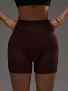 SHEIN Dewbera Women's Solid Color Elastic Seamless Ribbed Sports Shorts, Summer Tummy Control Gym Shorts Spandex Shorts Tummy Control - Coffee Brown - View 5