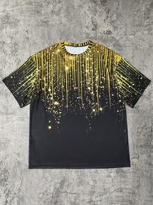 Manfinity Dauomo 男士黑色T恤，饰有金色亮片图案 - 休闲圆领短袖夏季上衣，常规版型，休闲夏季上衣 | 亮片图案T恤 | 舒适版型 - 彩色 - 查看 3