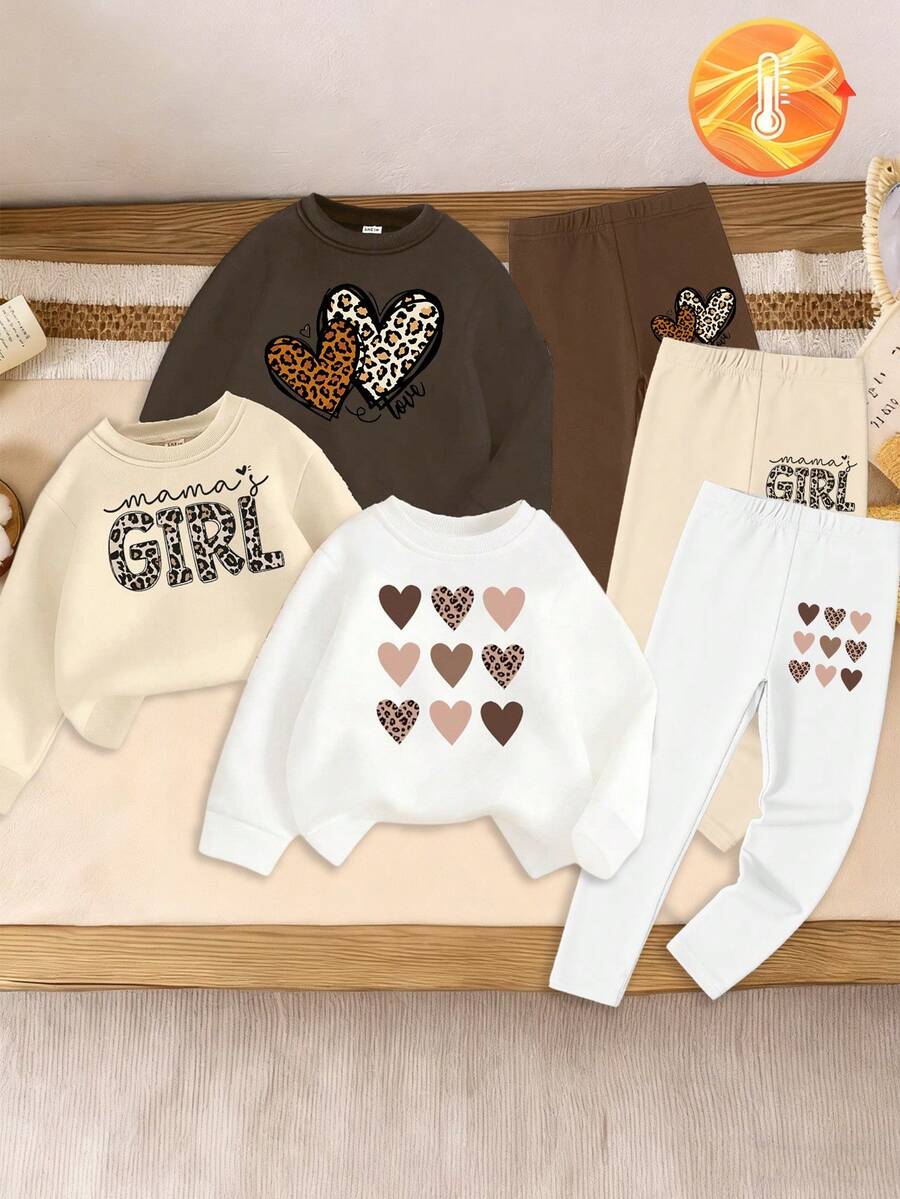 Baby Girls Letter Print Sweatshirt & Pants Set, Fashionable Casual Leopard Print, Heart & Slogan Graphic Warm Crew Neck Hoodie, Versatile Matching Sweatpants, Suitable For Girls Daily Wear, Autumn/Winter - Multicolor - View 1