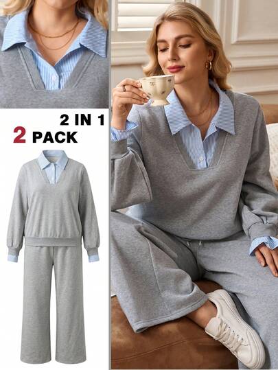 Rosumi 秋季大码休闲条纹拼布运动衫和运动裤两件套