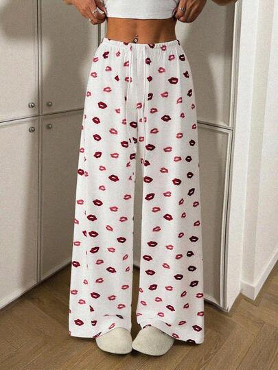 SHEIN PETITE Women Tie-Front All-Over Allover Print Casual Pants, Minimalist Style For Daily Wear,Fall,Fall Clothes For Women,Women's Winter Clothes