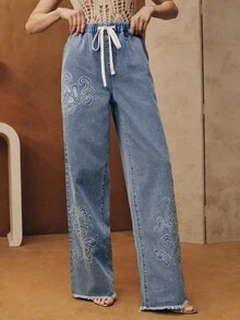 Anewsta Street Style Embroidered Blue Straight-Leg Jeans For Women - Blue - View 5