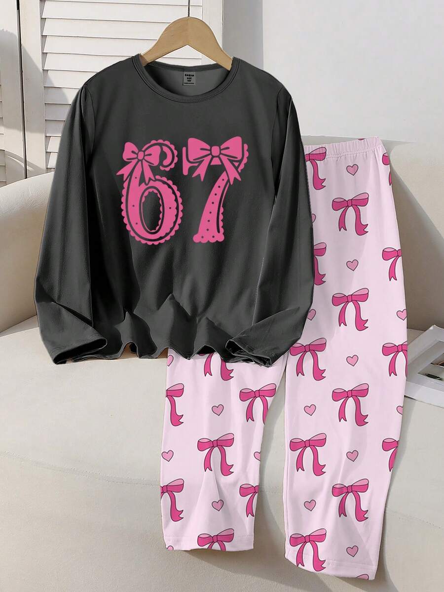 Tween Girls 2pcs Pajama Set, Black Long Sleeve Top With Number 67 & Bow Print, Paired With Pink Butterfly & Heart Print Pants, Casual Loungewear - Black - View 1