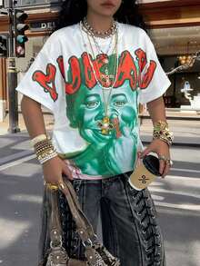 Rovax 女士休闲人像字母图案宽松圆领短袖T恤，夏季 - 彩色 - 查看 5