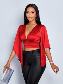 SOLERSUN 女士办公室 女士 老钱风格 女士 春夏 女士 优雅 通勤 商务 休闲 深V领 腰部收褶 光泽缎面面料 不对称荷叶边袖口 派对 情人节 约会 度假 红色短款衬衫 秋季 衬衫 上衣 秋季 女士 冬季 女士 感恩节 女士 返校 教师 万圣节 节日 性感 优雅 衬衫 - 紅色 - 查看 6