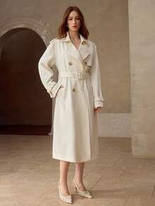 MOTF PREMIUM 女士长款插肩袖双排扣风衣，秋冬季 - 米色 - 查看 5