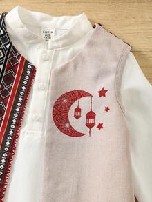 SHEIN 2件組男嬰復古花卉印花背心外套與白色領長袖套裝，秋季端莊派對裝，開齋節適用 - 酒紅色 - 查看 6