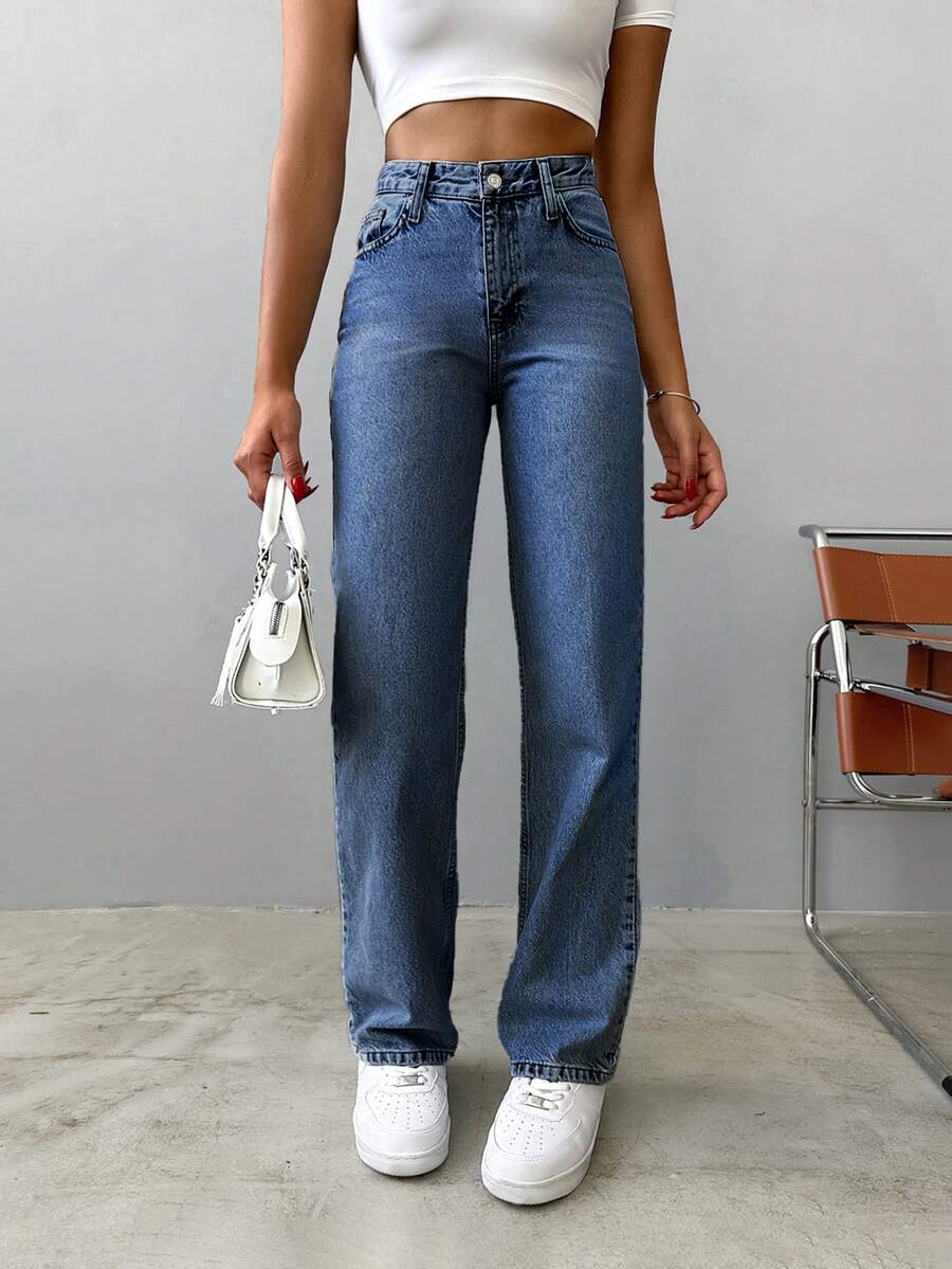 SHEIN 100%Cotton Women Casual High Waist Straight Leg Jeans - Blue - View 1