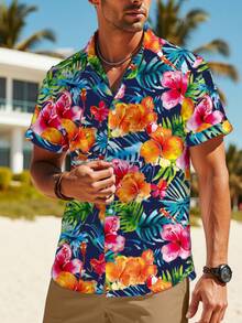 VIVINTIMO Men's Floral Print Button Front Casual Vacation Short Sleeve Shirt - Multicolor - View 5