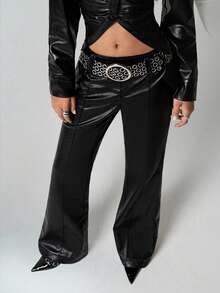 SHEIN TRNDY 1 Stück Damen Schwarze PU Leder Hose, hochwertig für Party, Alltag, Pendeln, Neujahr, Herbst/Winter, asymmetrisches Patchwork Design, schlankend, beinverlängernd, ausgestellt, minimalistisch, elegant, modisch, figurbetont - Schwarz - Übersicht 5