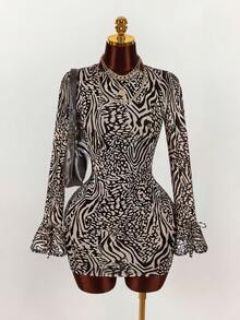 Amplova Women's Mini Dress, Leopard Print Flocked, Sexy Backless, Sheer Mesh Sleeves, Front Slit, Autumn/Winter Open Back Dress Zebra Print Dress - Multicolor - View 9