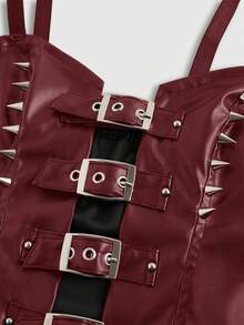 ROMWE Grunge Punk 女士铆钉皮带扣摩托车短款上衣，XS-L码 - 酒紅色 - 查看 2