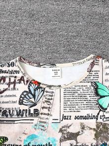 SHEIN Tween Girl Casual Everyday Newspaper Print Long Sleeve Jumpsuit - Apricot - View 5