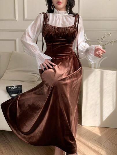 DAZY Vintage French Velvet Sleeveless High Waist Elegant Slip Dress, Women Long Sleeve Shirt, Women Two Pieces Set