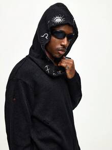 ROMWE MEN Street Life Men's Mysterious Pattern Embroidered Hooded Fringe Trim Knit Sweater - Black - View 2