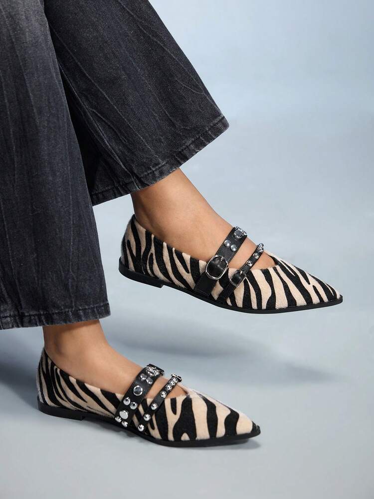 CUCCOO GRLICON Women's Pointed Toe Buckle Design Zebra Print Flat Casual Shoes, Motorcycle Style Outfit For Cool Girls, Suitable For Spring/Summer, Vacation, Travel, 2000s Style