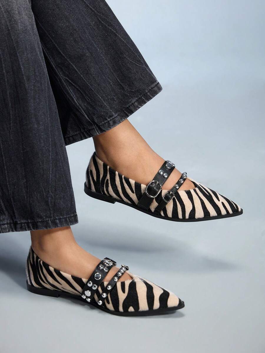 CUCCOO GRLICON Women's Zebra Print Pointed Toe Buckle Design Casual Everyday Versatile Flat Shoes For Christmas - Apricot - View 1