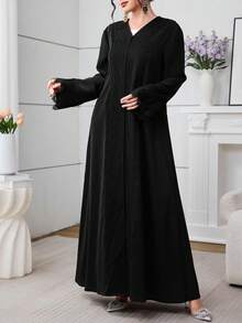 Al Najma 女士宽松休闲蕾丝边长袍，日常穿着 - 黑色 - 查看 5