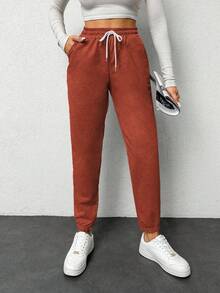 Quần jogger nữ trơn màu có dây rút, túi eo, thường ngày - màu nâu - Xem 5