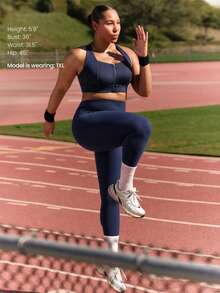 GLOWMODE OptiDry Plus Size Win Soft Stretchy Built-In Cups Square Neck Front Zipper Crossover Back Sports Bra Running Gym Workout Spring - Dark Blue - View 7
