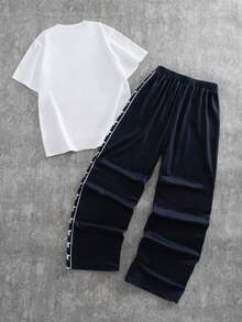 2pcs/Set Casual Letter Embossed T-Shirt & Star Pattern Pants Set For Teenage Boys, Suitable For Daily, Commute, Leisure, Streetwear - Black and White - View 2