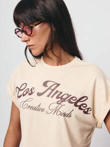 SURIMA 杏色休闲简约女式短袖宽松圆领T恤 - 杏色 - 查看 1