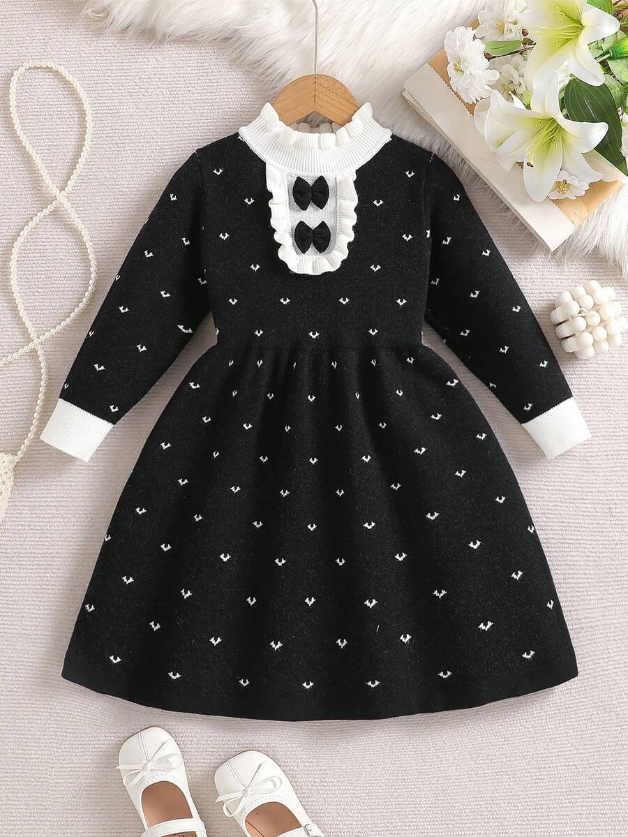 Sparklyn Váy Jacquard trái tim ngọt ngào, dễ thương, đa năng, thời trang thu đông cho bé gái, cổ nhún bèo, váy len dài tay cho lễ hội - màu đen - Xem 1