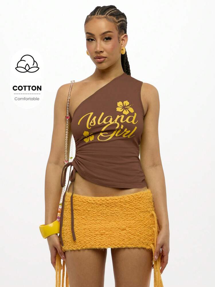 SUMWON WOMEN One Shoulder Tropical Hibiscus Crop Tank Women Tops