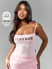 Missguided x Playboy 徽标吊带背心运动夏季家居服修身细肩带背心健身街头装无袖基本款健身吊带背心