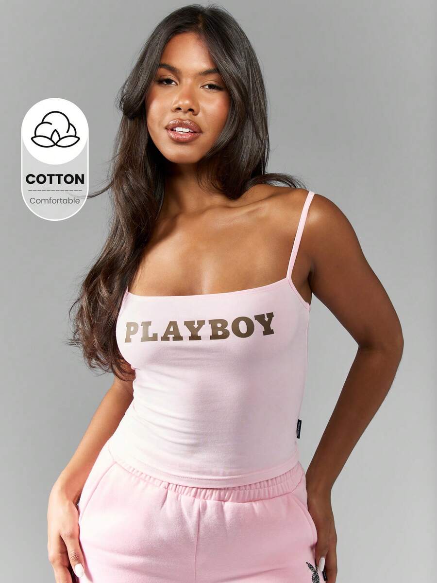 Missguided x Playboy 徽标吊带背心运动夏季家居服修身细肩带背心健身街头装无袖基本款健身吊带背心