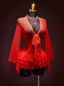 SHEIN ICON 女士Y2K红色时尚性感透视网纱喇叭袖上衣，情人节春季红色上衣，女士性感透视上衣 - 紅色 - 查看 5