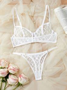2pcs Set Romantic Sheer Mesh Sexy Lingerie, Sexy Bralette With No Lining - White - View 2
