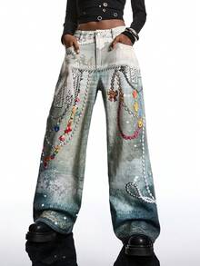 LYSMO 2026 New Arrive Minimalism Spring/Summer Women's Chain Fun Patterns Pocket Wide Leg Loose Casual Jeans/ Summer Clothes / Spring Break Outfits / Valentine Outfits For Women /Valentine's Day / Valentine Clothes /Holiday Outfits For Women / Graphic Jeans /Birthday Outfits For Women / Y2k Jeans /Y2k Clothes / Y2k Women/2000s Style - Blue - View 5