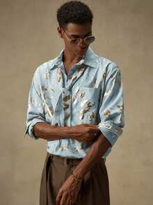 AKNOTIC Business Casual Men's Long Sleeve Single-Breasted Pocket Fashionable Foil Shirt Mens Champagne Shirt Mens Gold Print Shirt Mens Casual Shirt - Blue - View 5