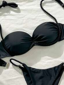 Swim Mod Bộ 2 món đồ bơi bikini dây mảnh màu trơn cho kỳ nghỉ hè, có gọng, gồm áo ngực nâng ngực và bikini có gọng, bikini nâng ngực kín đáo, bikini dây bện, bikini đen, bikini cạp cao. - màu đen - Xem 6