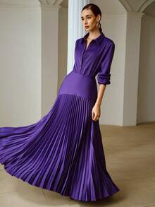 ZEYLAH Chân váy Maxi chữ A xếp ly tối giản thanh lịch, Xuân/Hè - Màu tím - Xem 1