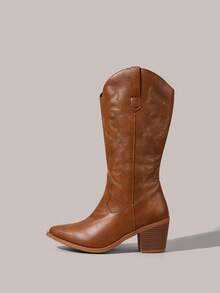 Styleloop Women's Classic Embroidered Western Boots, Vacation Style High Boots For All Seasons, Leather Pointed Toe Chunky Heel Mid-Calf Riding Boots, Suitable For Christmas & Halloween - Brown - View 2