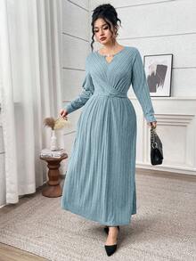 Modelyn Plus Size Women's Solid Color Keyhole Neck Long Sleeve Waist Criss-Cross Ribbed Fashionable Dress - Blue - View 4