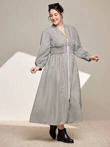 Momelise Váy dài tay thanh lịch họa tiết sọc cỡ lớn có khóa kéo nửa - Nhiều màu - Xem 6