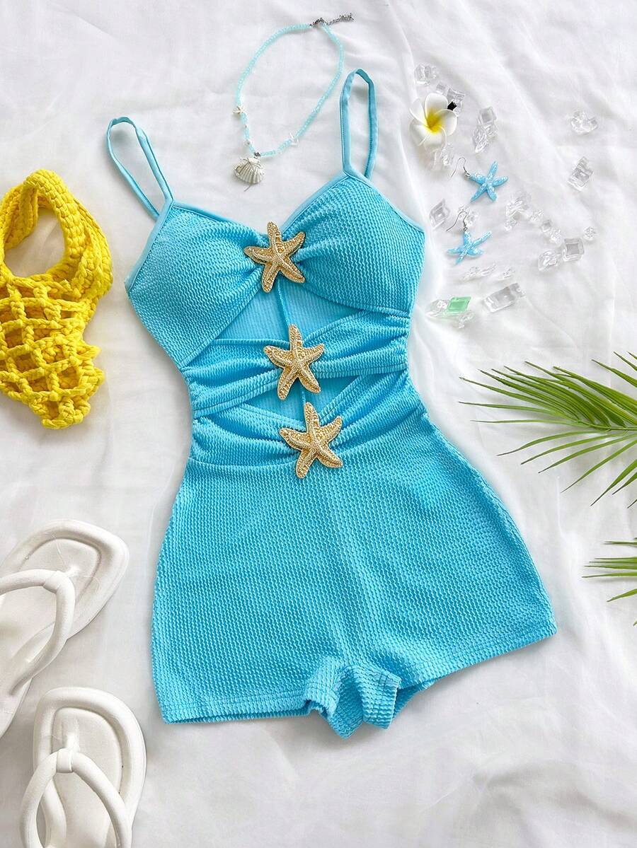 Soleia 纯色吊带无袖镂空腰部装饰纽扣连体裤，适合派对和居家穿着。 - 藍色 - 查看 1