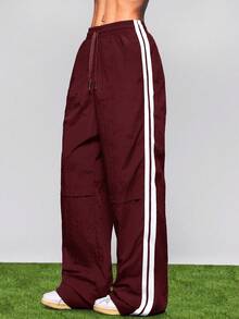 SHEIN Cheerettes 女士休闲运动侧条纹口袋宽松裤 - 紅木色 - 查看 5