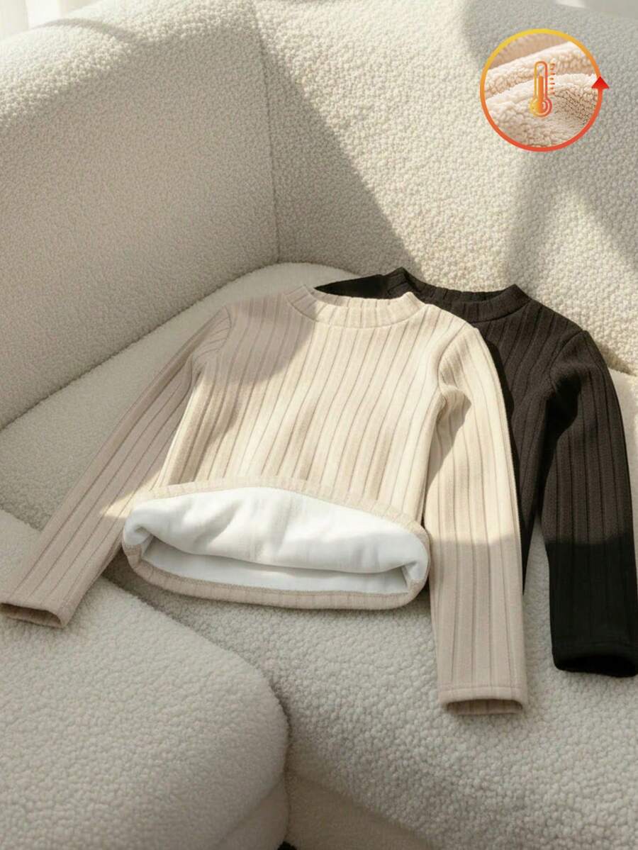 2pcs/Set Tween Girls Casual Versatile Commuting Sports Comfortable Thermal Lined Turtleneck Black & Beige Base Layer Long Sleeve Top Fall Winter