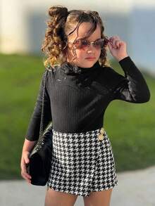 SHEIN 2 pezzi/set, maglietta a collo alto e gonna pantalone a quadri per ragazze giovani, adatto per uso quotidiano, abbigliamento autunnale