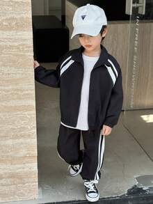 SHEIN Little Byeori 两件套儿童男童休闲韩版宽松加厚针织领拉链连帽外套和裤子套装，适合秋冬季外出，也适合上学、花园、海滩、生日、春夏秋冬等场合。 - 黑色 - 查看 8