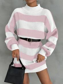 EURMUSE Women Drop Shoulder Sweater Dress With Striped Pattern - Baby Pink - View 7