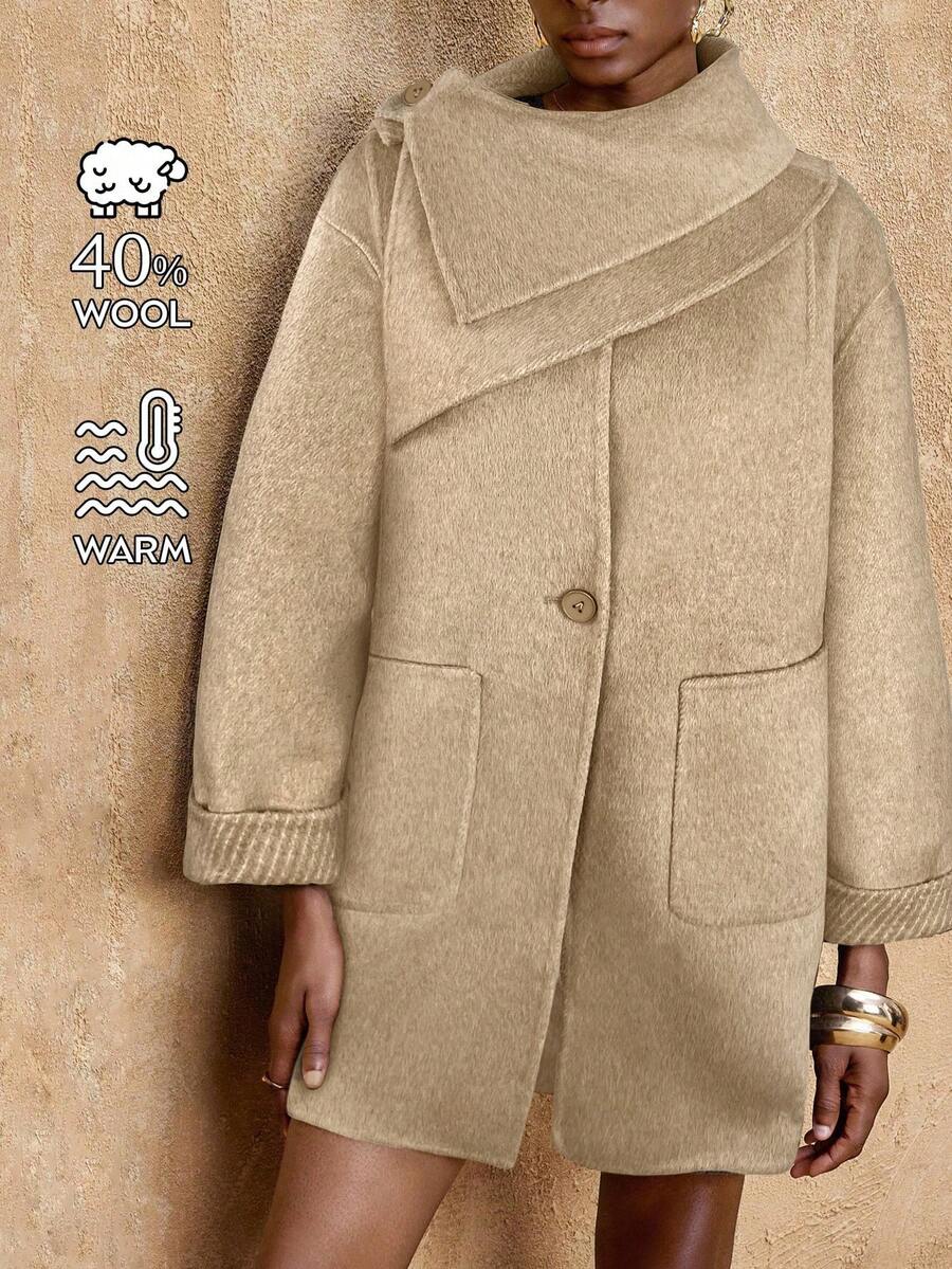 Lumalex Abrigo de lana asimétrico y versátil de doble cara, otoño/ - Caqui - Ver 1