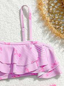 Bộ bikini cho bé gái tuổi teen, đồ bơi 2 mảnh có họa tiết nơ, sọc, bèo nhún hai lớp dễ thương, đồ bơi đi biển - Hồng - Xem 4