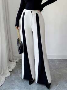 Elenzga Quần ống loe thời trang đi làm hàng ngày, thanh lịch cho mùa thu/đông mới dành cho nữ, thiết kế khối màu be và đen, thoải mái và ôm sát - Màu be - Xem 5