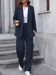 EMERY ROSE Women's Fashion Double-Breasted Suit Set For Work & Commute Women's Suits Blazer Set For Women Two Pieces Outfits Women Office Outfits For Women Set - Navy Blue - View 4