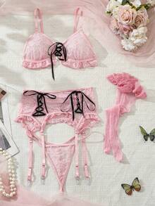 PetitDoll 5 件女士性感无钢圈文胸套装（无钢圈文胸、丁字裤、腰带、2 件渔网袜）适合外出